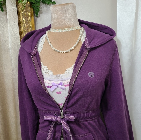 ♡ Y2K ♡ Aeropostale Purple Waist Tie Double Zip Hooded Babydoll Jacket Hoodie - Picture 2 of 9